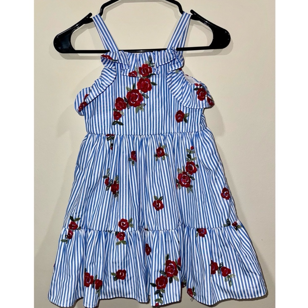 Rare Editions Girls Blue Striped Floral Embroidered Dress – Size 6